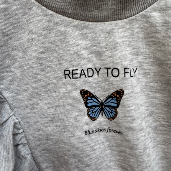 NWOT H&M 12/14 Girls Gray Sweatshirt Blouse with Ruffled Sleeves Ready to Fly - Picture 3 of 5